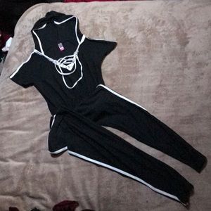 Black and white hooded jumpsuit